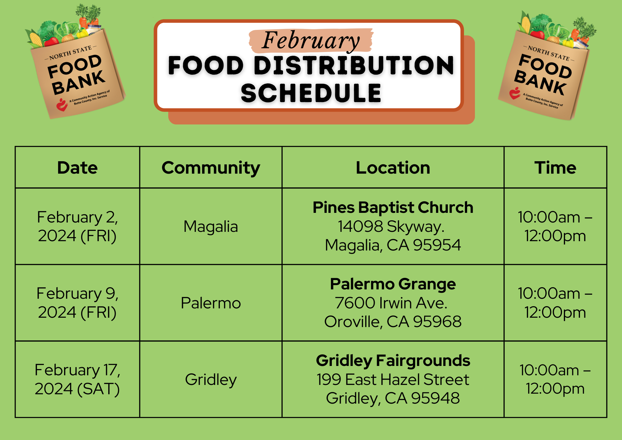 Distribution Calendar Community Action Agency of Butte County, Inc.